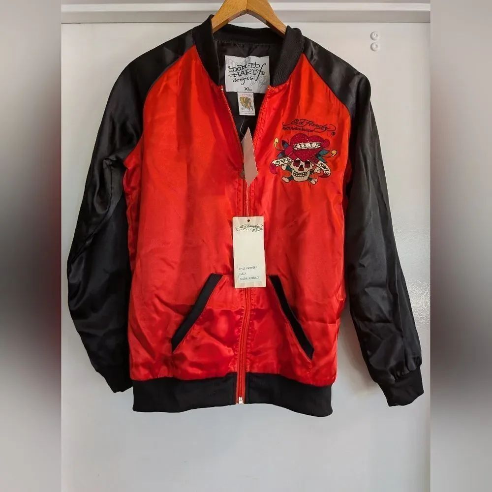 Vintage Ed Hardy Red and Black Skull Heart Satin Trucker Jacket With Embroidery